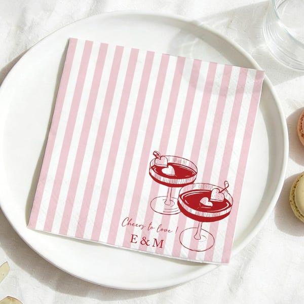 Custom Striped Wedding Napkins with Cup, Cocktail Napkins for Party, Reception, Bridal Shower, Engagement