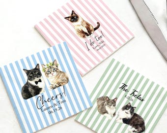 Personalized Dog Wedding Napkins, Watercolor Dog & Cat Striped Cocktail Napkins, Beverage Paper