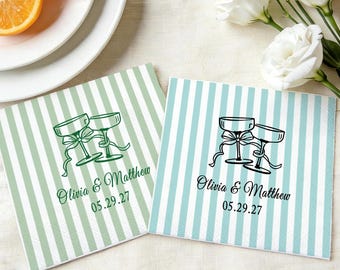Custom Striped Wedding Napkins, Cheers Cocktail Napkins for Party, Reception, Bridal Shower, Engagement