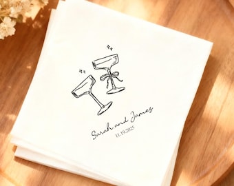 Custom Wedding Napkins, Anniversary Napkins, Ribbon Coupe Glasses Cocktail Napkins, Cocktail Napkins, Drink Napkins