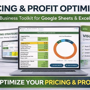 May include: A laptop displaying a pricing and profit dashboard with charts and data. The screen shows a suggested price of $15.99. Text at the top reads "Pricing & Profit Optimizer" and "Business Toolkit for Google Sheets & Excel."