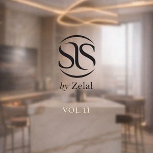 May include: Interior design image featuring a modern kitchen with a large island and bar stools. The image includes the logo "SIS by Zelal" and the text "VOL. 11". The overall aesthetic is minimalist and luxurious.