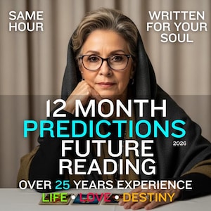 May include: An image featuring a woman wearing glasses and a dark shawl, with text overlayed. The text reads "12 MONTH PREDICTIONS FUTURE READING 2026" and "OVER 25 YEARS EXPERIENCE". Additional text includes "SAME HOUR" and "WRITTEN FOR YOUR SOUL".