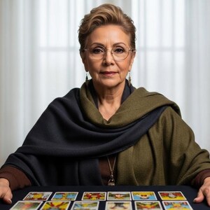 Op de afbeelding: Een oudere vrouw met een bril zit aan een tafel met tarotkaarten. Ze draagt een donkerblauwe en olijfgroene sjaal en een lange ketting. De achtergrond is neutraal.