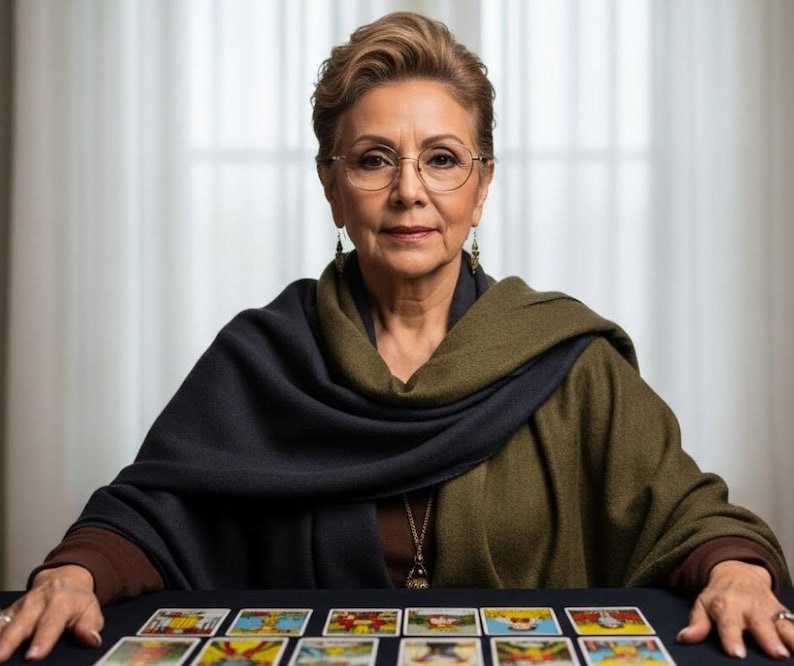 Op de afbeelding: Een oudere vrouw met een bril zit aan een tafel met tarotkaarten. Ze draagt een donkerblauwe en olijfgroene sjaal en een lange ketting. De achtergrond is neutraal.