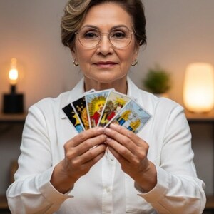 Op de afbeelding: Een vrouw met een bril en een wit overhemd houdt een waaier van tarotkaarten vast. De kaarten hebben kleurrijke illustraties met gouden accenten. De vrouw kijkt recht in de camera, met een neutrale uitdrukking.