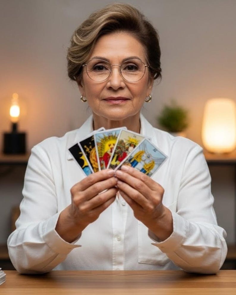 Op de afbeelding: Een vrouw met een bril en een wit overhemd houdt een waaier van tarotkaarten vast. De kaarten hebben kleurrijke illustraties met gouden accenten. De vrouw kijkt recht in de camera, met een neutrale uitdrukking.
