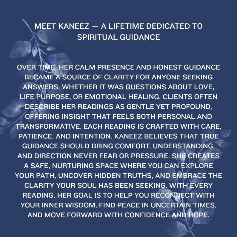 Op de afbeelding: Donkerblauwe afbeelding met witte tekst: "MEET KANEEZ - A LIFETIME DEDICATED TO SPIRITUAL GUIDANCE." De tekst beschrijft spirituele begeleiding, helderheid en emotionele genezing. De afbeelding heeft een bloemenontwerp in de linkerbovenhoek.