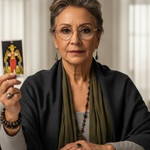 Op de afbeelding: Een oudere persoon met een bril houdt een tarotkaart vast met een gedetailleerde illustratie. Ze draagt een grijze top, een donkere sjaal en een lange kralenketting. Een stapel kaarten ligt voor haar op tafel.