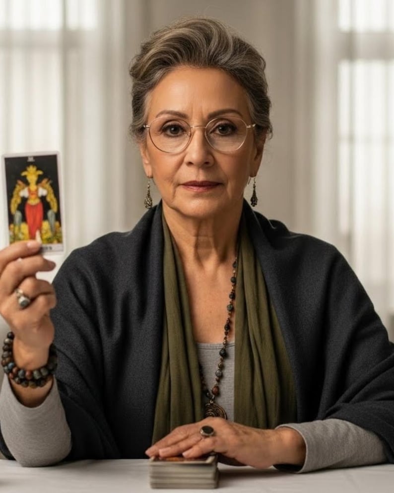Op de afbeelding: Een oudere persoon met een bril houdt een tarotkaart vast met een gedetailleerde illustratie. Ze draagt een grijze top, een donkere sjaal en een lange kralenketting. Een stapel kaarten ligt voor haar op tafel.