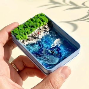 Handmade Whale & Coastline Diorama - Miniature Resin Ocean Art in a Tin