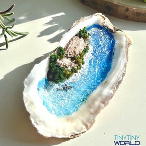 May include: An oyster shell featuring a miniature diorama of a blue ocean scene with a small rocky island covered in green moss and a tiny black whale swimming in the water. The text TINYTINY WORLD is printed in blue in the bottom right corner.