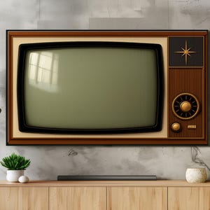 Op de afbeelding: Een vintage televisie met een bruine houten lijst en een zwart scherm. De tv heeft een retro-ontwerp met een ster-detail en een ronde draaiknop. Het scherm heeft een gedempte groene kleur en de tv is aan een grijze muur bevestigd.