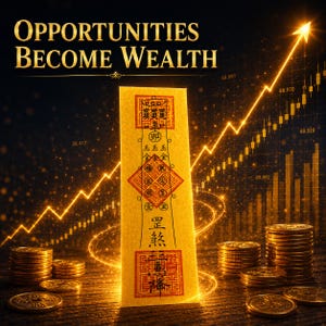 May include: A vertical yellow paper talisman featuring red ink stamps and black Chinese characters, positioned between stacks of gold coins. The background displays a glowing golden upward-trending stock market graph and the text OPPORTUNITIES BECOME WEALTH.