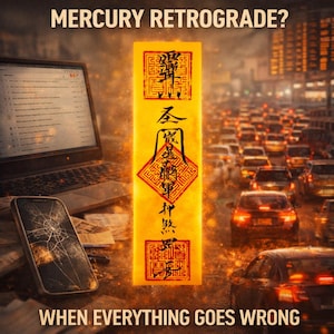 May include: Image with the text "MERCURY RETROGRADE?" and "WHEN EVERYTHING GOES WRONG". A yellow vertical banner with red Chinese characters is in the center. A laptop and a cracked smartphone are on the left. Cars are in traffic on the right.
