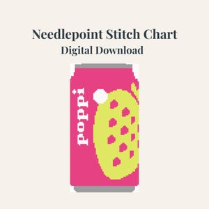 Puede incluir: Un gráfico de puntada de aguja de descarga digital con una lata de refresco rosa con la palabra "poppi" en blanco. La lata tiene un diseño de fruta amarilla. El texto "Needlepoint Stitch Chart Digital Download" está encima de la lata.