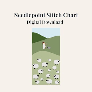 May include: A digital download needlepoint stitch chart. The design shows a shepherd with a staff and a sheep, set against a green hillside and a flock of sheep. The text "Needlepoint Stitch Chart Digital Download" is at the top.