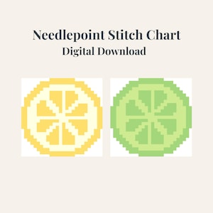 Könnte beinhalten: Digitaler Download eines Stickmuster-Diagramms mit pixeligen Zitronen- und Limettenscheiben-Designs. Die Zitrone ist gelb, die Limette grün, beide mit weißen Zentren. Der Text "Needlepoint Stitch Chart Digital Download" steht oben.