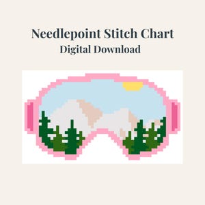 May include: A digital download of a needlepoint stitch chart. The image features pixelated pink ski goggles with a mountain and forest scene inside. The text "Needlepoint Stitch Chart Digital Download" is at the top.