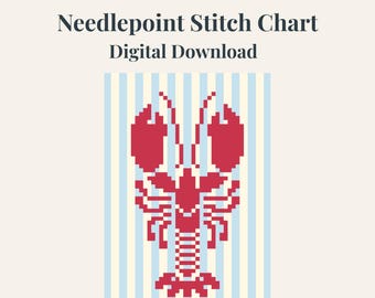 Lobster Needlepoint Chart | Coastal Blue Stripes | Beach House Decor | New England Summer Decor | Digital Download | Coastal Preppy