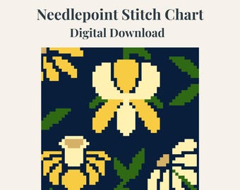 Spring Floral Needlepoint Chart, Dark Flower Background Digital Download Pattern