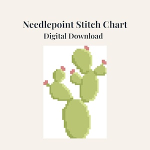 May include: A digital download of a needlepoint stitch chart featuring a pixelated cactus design. The cactus is light green with small pink accents, set against a cream-colored background. The text "Needlepoint Stitch Chart Digital Download" is at the top.