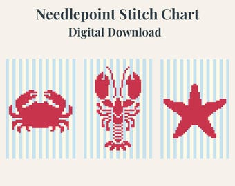 Marine Life Needlepoint Collection Patterns | Crab, Lobster, Starfish (Digital Download) | New England Design