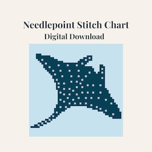 May include: Digital download of a needlepoint stitch chart featuring a pixelated manta ray design. The manta ray is dark blue with white dots, set against a light blue background. The text "Needlepoint Stitch Chart Digital Download" is at the top.
