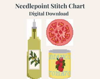 Italian Kitchen Needlepoint Chart Bundle | Tomato Olive Oil Food Needlepoint Chart Set | Digital Download PDF Pattern
