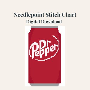 Puede incluir: Un gráfico de punto de aguja de descarga digital con una imagen pixelada de una lata de refresco Dr. Pepper. La lata es roja con el logotipo blanco de Dr. Pepper. El texto "Needlepoint Stitch Chart Digital Download" está arriba.