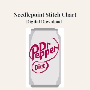 Puede incluir: Descarga digital de un gráfico de punto de cruz. La imagen muestra una lata de refresco Dr. Pepper Diet pixelada. La lata es de color gris claro con el logotipo de Dr. Pepper en rojo oscuro. La palabra "Diet" también está en rojo oscuro.