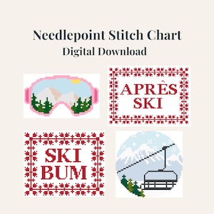 May include: Digital needlepoint stitch chart download with four pixelated winter designs. Includes ski goggles, "Après Ski" and "Ski Bum" text, and a ski lift. The designs are in shades of pink, green, blue, and red.