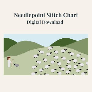 羊飼いの野原のニードルポイントパターン | 羊の牧草地 | パノラマクロスステッチチャート風景（デジタルダウンロード）