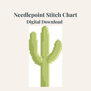 May include: A digital download of a needlepoint stitch chart featuring a pixelated cactus design in shades of green. The text "Needlepoint Stitch Chart Digital Download" is displayed above the cactus image.