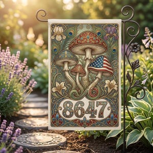 May include: A decorative garden flag featuring a whimsical mushroom design with an American flag motif. The flag displays the number "8647" in a decorative font, set against a backdrop of flowers and foliage. The flag is displayed on a black metal stand.