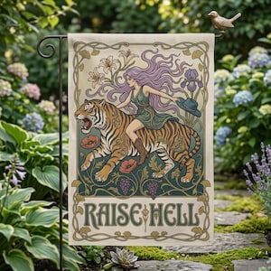 Raise Hell Garden Flag, Art Nouveau Tiger Rider Yard Decor, Maximalist Boho Flower Outdoor Banner, Wild Feminine Aesthetic Housewarming Gift