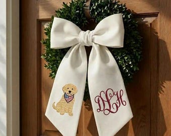 Embroidered Dog Wreath Sash, Patriotic Gingham Door Bow, American Flag Accent