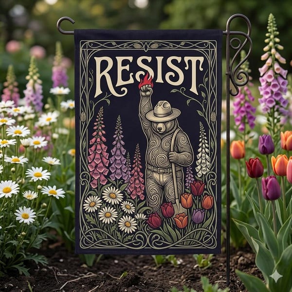 Resist Bear Garden Flag, Vintage Art Nouveau Activist Yard Decor, Smokey Bear Inspired Political Banner, Floral Protest Housewarming Gift