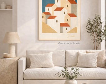 Mediterranes Dorf-Wandbild, minimalistische Küstenhäuser auf Leinwand, Architektur im griechischen Stil – Leinwand (verschiedene Größen) – versandkostenfrei