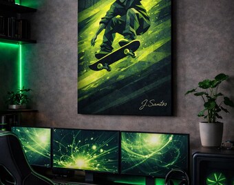 Skateboard-Motiv auf Leinwand, geometrische abstrakte Wandkunst, urbanes Skateboard-Dekor, moderner Streetstyle-Druck – Leinwand (verschiedene Größen) – versandkostenfrei