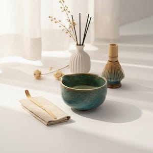 May include: A tranquil still life arrangement. A teal ceramic matcha bowl with green tea, a bamboo whisk, and a gold-coloured scoop on a folded linen cloth. A small white vase with dried flowers and a second vase with black sticks.