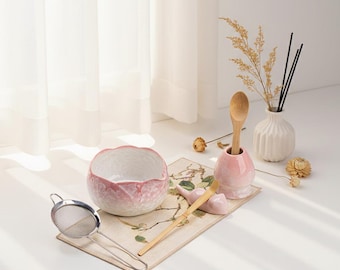 Gradient Color Ceramic Matcha Bowl Set with Bamboo Whisk and Chasen Holder, Matcha Set Handmade, Matcha Tea Set, Tea Ceremony Gift for Her