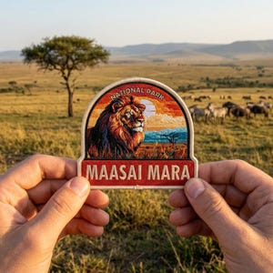May include: A patch featuring a lion's head with a sunset background and the text "NATIONAL PARK" and "MAASAI MARA". The patch is held in front of a grassy field with a tree and zebras in the background.