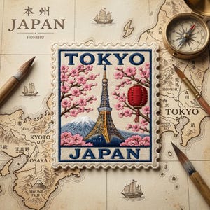 May include: A rectangular embroidered patch shaped like a postage stamp featuring the Tokyo Tower, Mount Fuji, pink cherry blossoms, and a red lantern. The text TOKYO and JAPAN is stitched in blue thread on a cream background with a scalloped border.