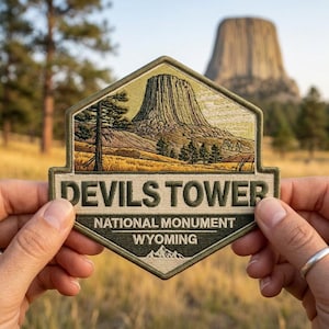 May include: Embroidered patch featuring Devils Tower National Monument in Wyoming. The patch is olive green and tan, with the words "Devils Tower National Monument Wyoming" stitched on it. The patch is held up in front of the actual monument.
