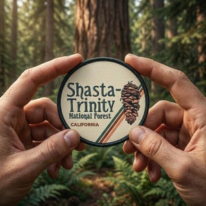 May include: A round patch with the text "Shasta-Trinity National Forest CALIFORNIA" and a pine cone illustration. The patch has a beige background with green, brown, and red stripes. The patch is held between two hands.