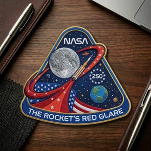 May include: Embroidered NASA patch featuring a rocket launching from a red, white, and blue trail, with a moon and Earth in the background. The patch has the text "THE ROCKET'S RED GLARE" and "250".