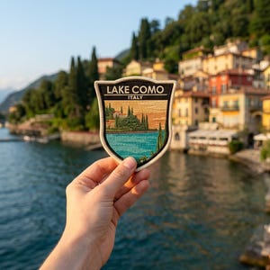 May include: A shield-shaped patch featuring a scenic view of Lake Como, Italy. The patch displays a turquoise lake, green trees, and buildings. The text "LAKE COMO ITALY" is at the top. The patch is held in front of a blurred background of the lake and buildings.