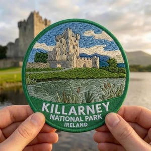 May include: A circular embroidered patch featuring a detailed scene of a stone castle situated near a body of water with green grass and reeds. The bottom green border contains the white embroidered text: KILLARNEY NATIONAL PARK IRELAND.