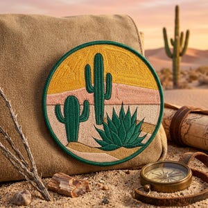 May include: A circular embroidered patch featuring a desert landscape with two green saguaro cacti and a green agave plant against a yellow sky and tan sand dunes, all enclosed within a dark green stitched border on a textured tan fabric background.